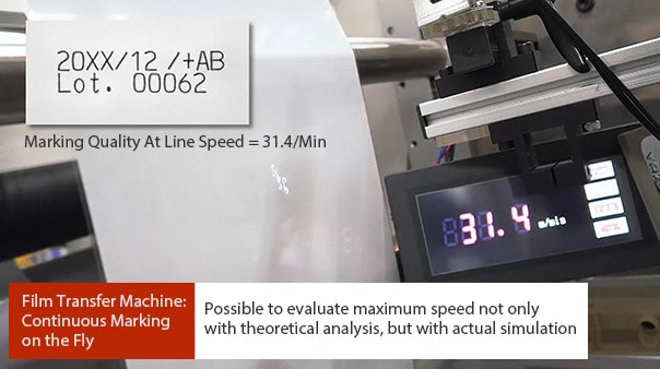 Film Transfer Machine: Continuous Marking on the Fly. Possible to evaluate maximum speed not only with theoretical analysis, but with actual simulation.