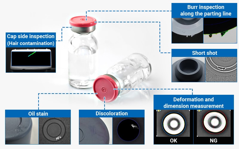 Burr inspection along the parting line, Cap Side Inspection (Hair Contamination), Short shot, Oil stain, Discoloration, Deformation and dimension measurement