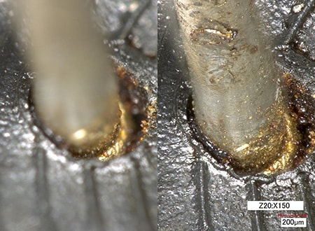 Corroded part of a connector  Left: normal/right: depth composition (150x)