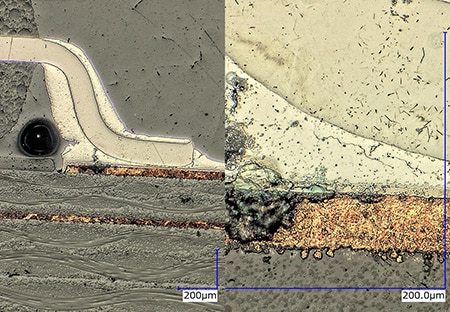 Observation of solder cracks on an IC cross section (left: 150x/right: 1000x)