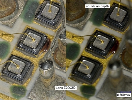 Left: HDR imaging + depth composition/right: normal (50x)