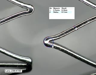 Stent strut HDR image and bend radius measurement (150x)